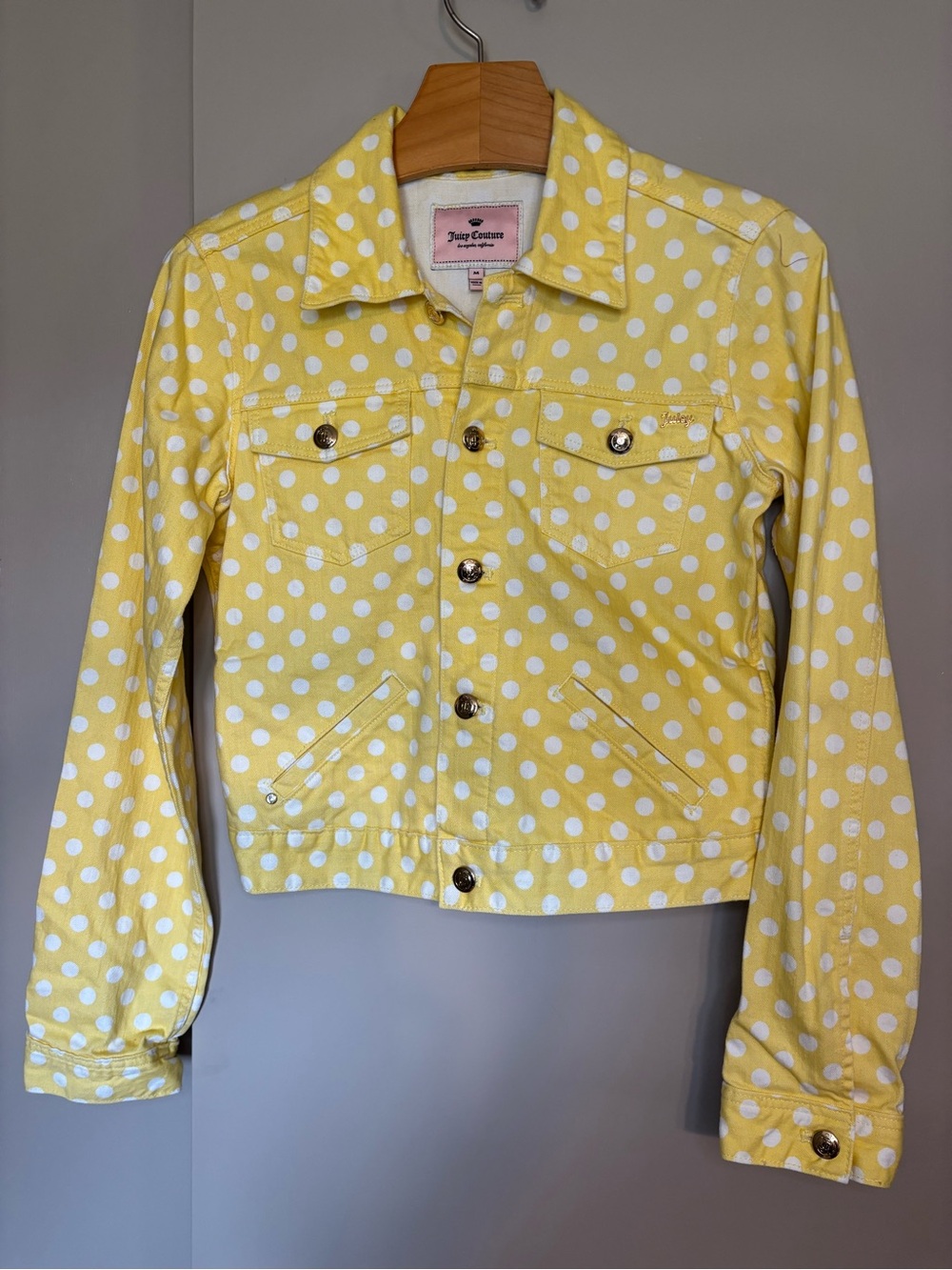 Juicy Couture Yellow & White Polka Dot Denim Jacket size M